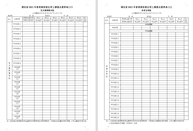 2021年湖北普通高校招生志愿草表及填写说明