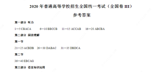 2020高考英语全国3卷试题及答案