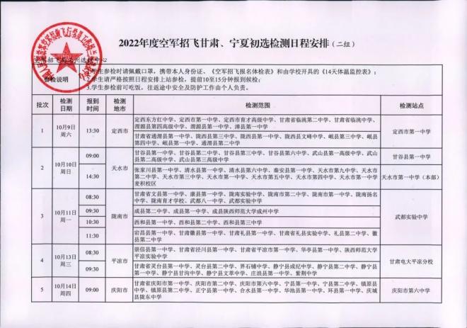 2022年甘肃、青海空军招飞初选检测日程安排
