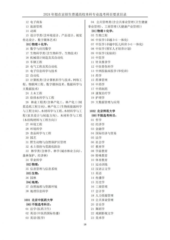 2024年拟在北京招生普通高校本科专业选考科目要求目录