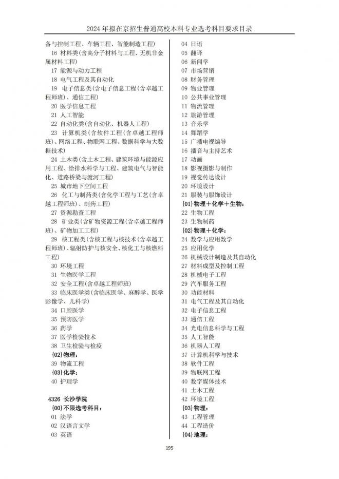 2024年拟在北京招生普通高校本科专业选考科目要求目录