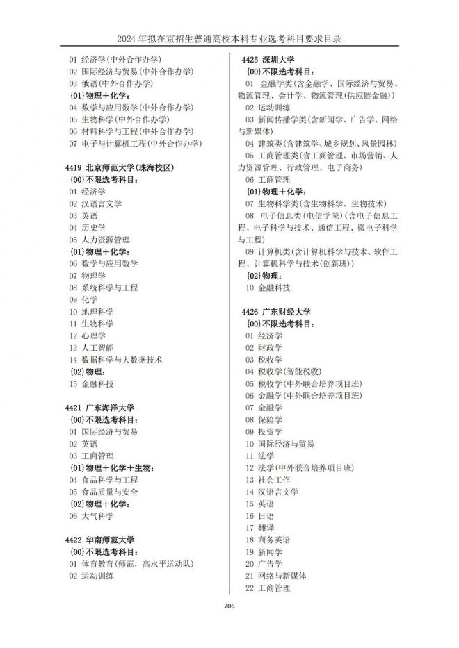 2024年拟在北京招生普通高校本科专业选考科目要求目录