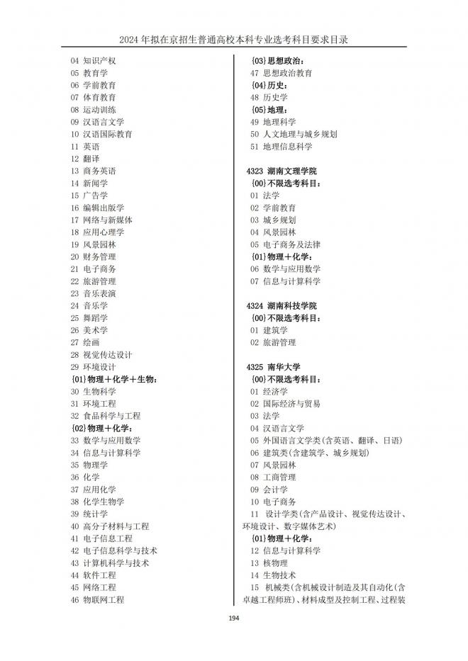 2024年拟在北京招生普通高校本科专业选考科目要求目录