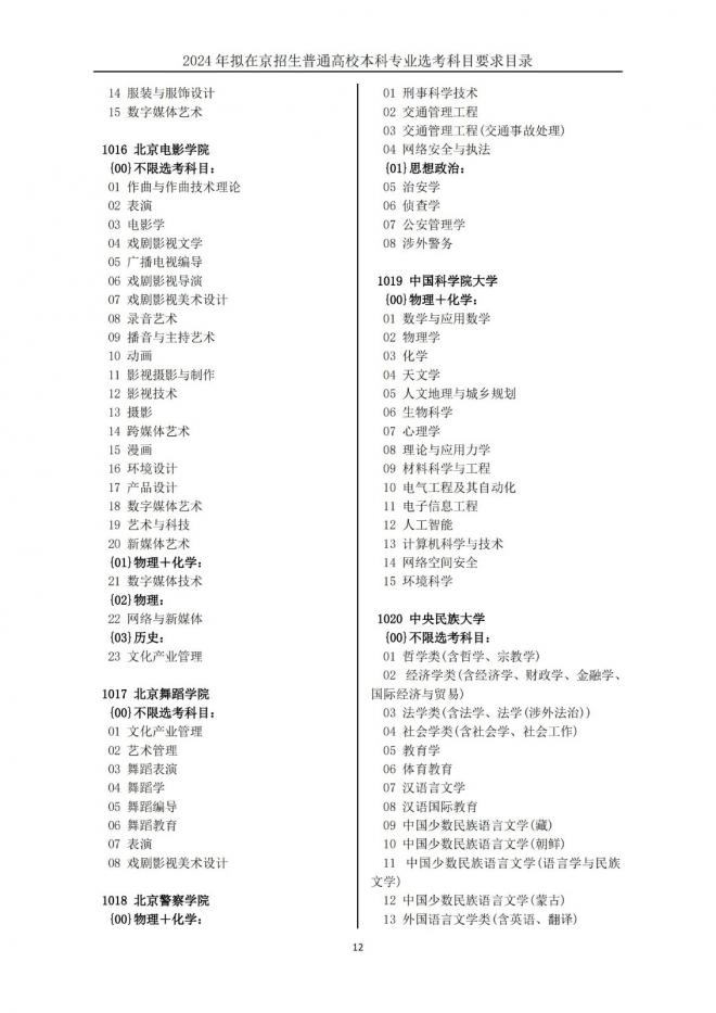 2024年拟在北京招生普通高校本科专业选考科目要求目录