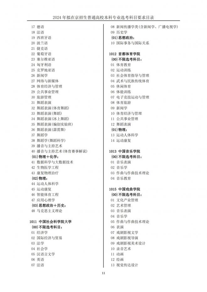 2024年拟在北京招生普通高校本科专业选考科目要求目录