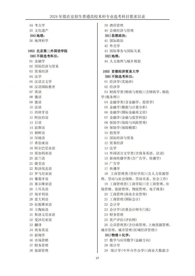 2024年拟在北京招生普通高校本科专业选考科目要求目录