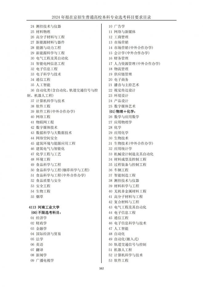 2024年拟在北京招生普通高校本科专业选考科目要求目录