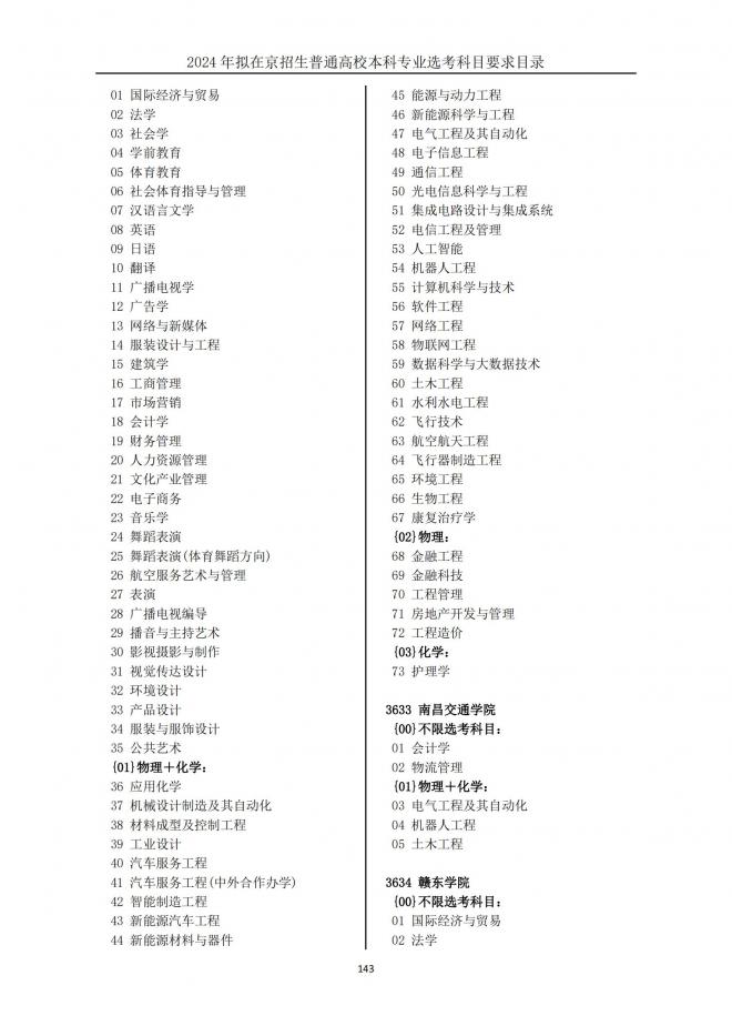 2024年拟在北京招生普通高校本科专业选考科目要求目录