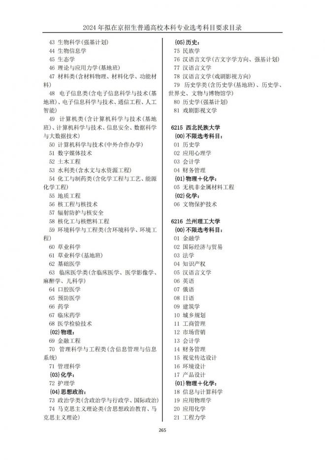 2024年拟在北京招生普通高校本科专业选考科目要求目录