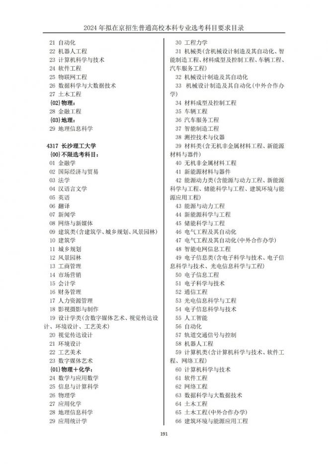 2024年拟在北京招生普通高校本科专业选考科目要求目录