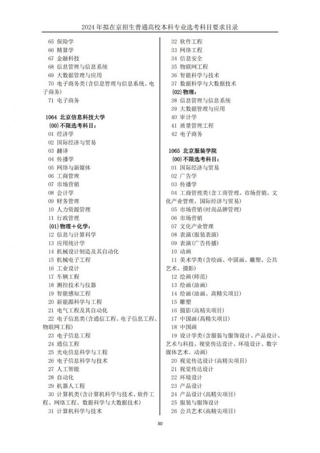 2024年拟在北京招生普通高校本科专业选考科目要求目录