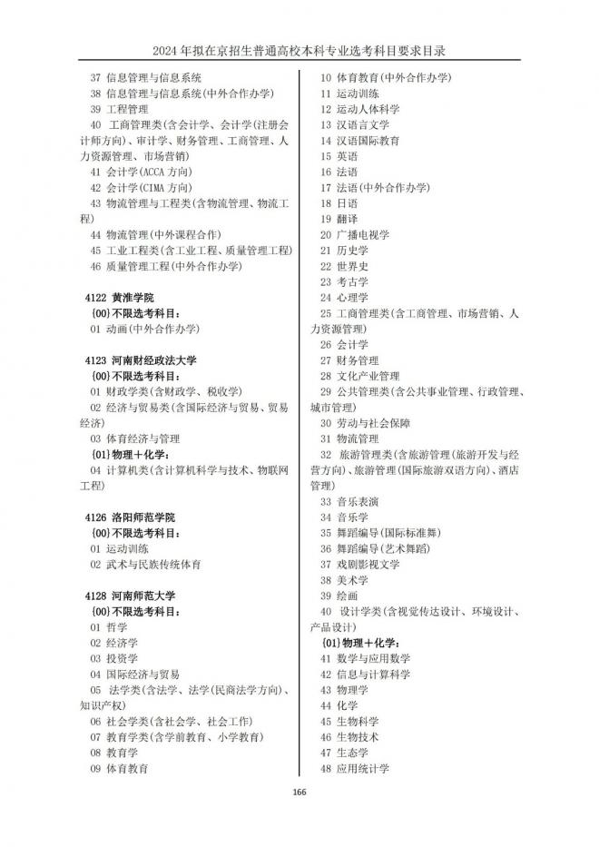 2024年拟在北京招生普通高校本科专业选考科目要求目录