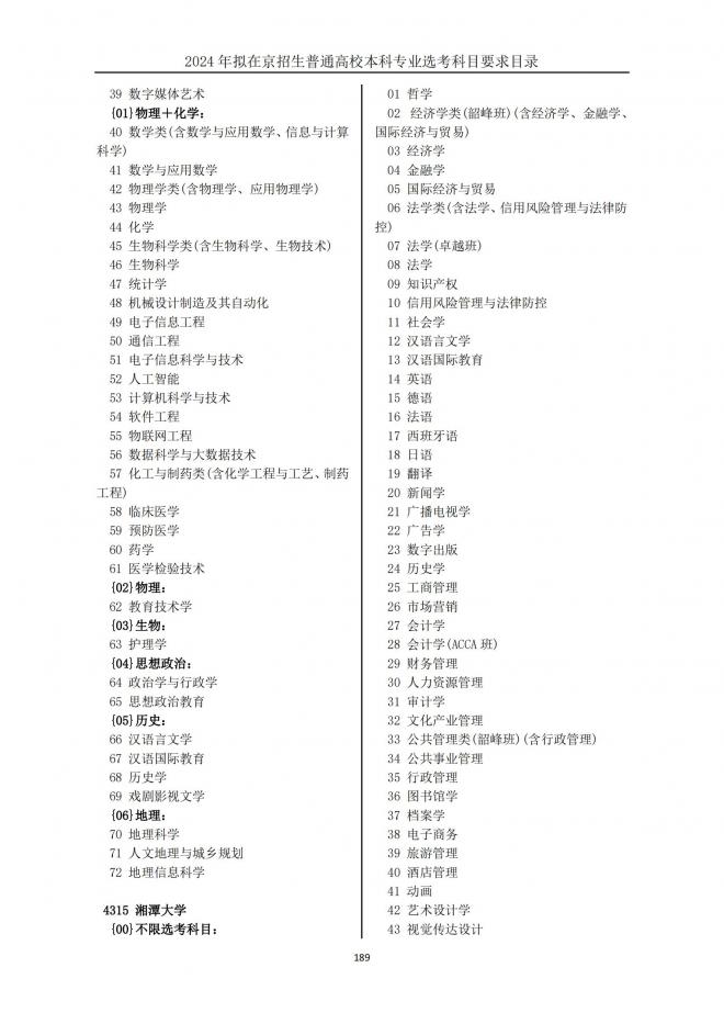 2024年拟在北京招生普通高校本科专业选考科目要求目录