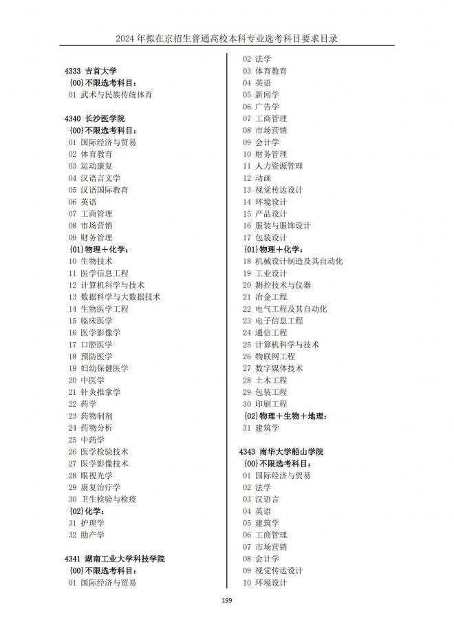 2024年拟在北京招生普通高校本科专业选考科目要求目录