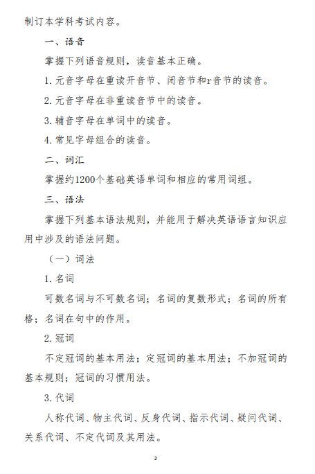 体育总局：普通高等学校运动训练、武术与民族传统体育专业招生文化考试大纲（2021版）英语考试大纲2