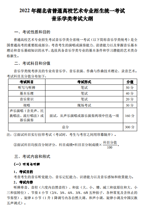 2022年湖北省艺术统考（音乐学类）考试大纲