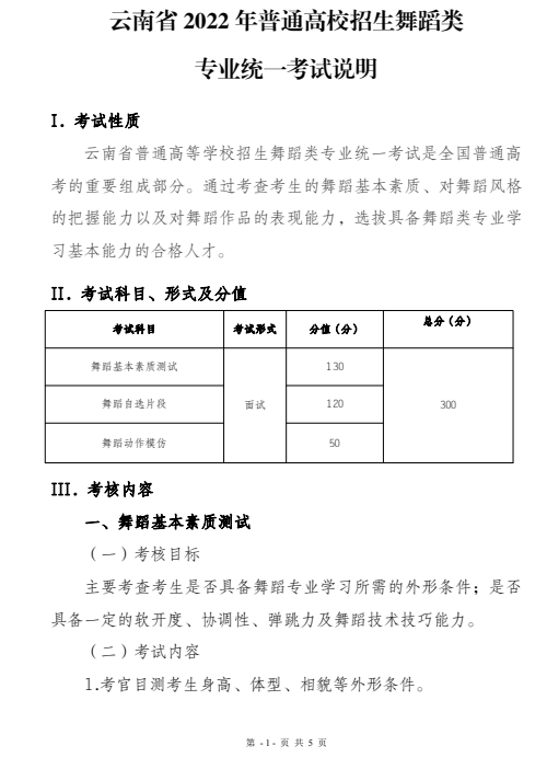 云南省2022年普通高校招生舞蹈类专业统一考试说明